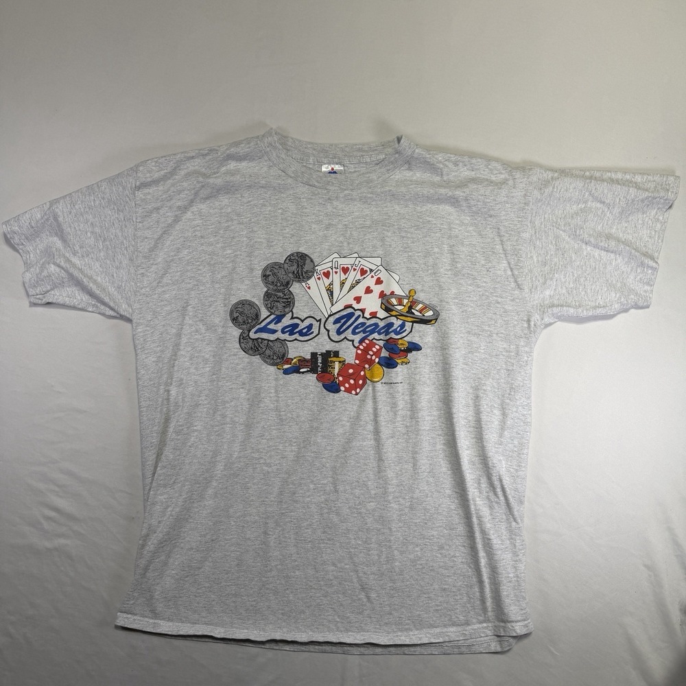 Vintage 1993 Las Vegas Casino Graphic T-Shirt XXL Gray Made USA Dice Cards Chips